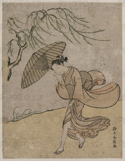 Woman Running Past a Willow Tree in a Breeze, 1766 or 1767. Creator: Suzuki Harunobu (Japanese, 1724-1770).