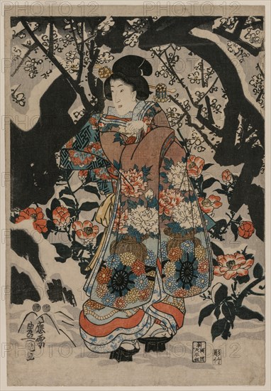 Woman Standing Beside a Plum Tree, c. 1850. Creator: Utagawa Kunisada (Japanese, 1786-1865).