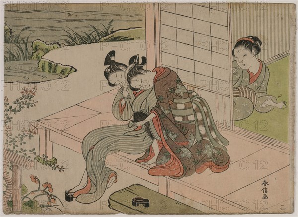 Woman Watching Young Couple Embrace on a Veranda, late 1760s. Creator: Suzuki Harunobu (Japanese, 1724-1770).