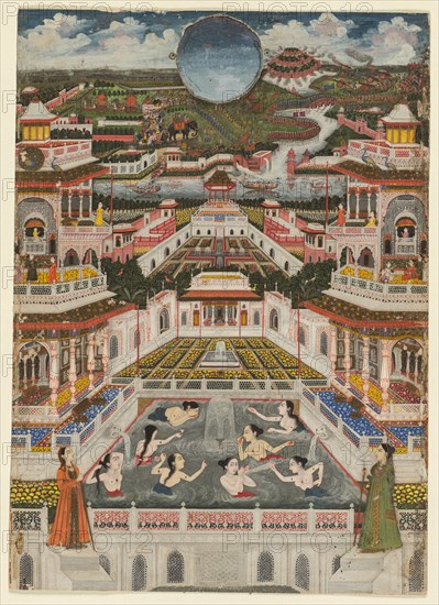 Women bathing before an architectural panorama, c. 1765. Creator: Fayzullah (Indian, active c. 1730-1765).