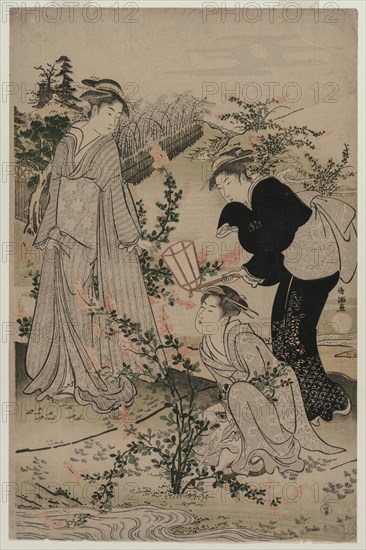 Women Cutting Branches of Bush Clover; The Noji Tama River in Omi Province ..., late 1780s. Creator: Kubo Shunman (1757-1820).