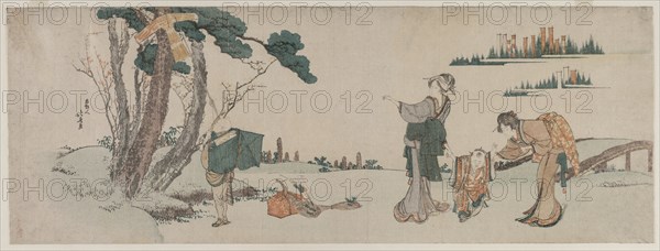 Women Distracting a Child whose Kite is caught in a Tree, c. 1800. Creator: Katsushika Hokusai (Japanese, 1760-1849).