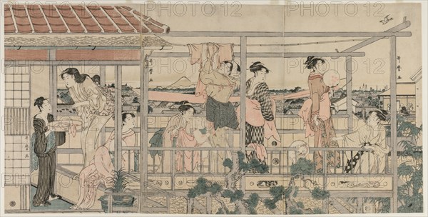 Women Hanging Laundry to Dry on a Balcony , early 1790s. Creator: Kitagawa Utamaro (Japanese, 1753?-1806).