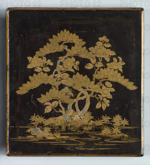 Writing Box (Suzuribako) with Design of Pine, Camellia and Bamboo (lid), 1400s. Creator: Unknown.