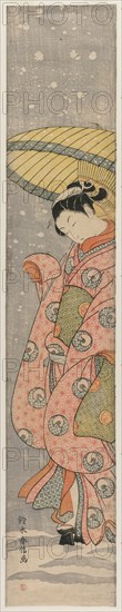 Young Woman Standing Under an Umbrella in the Snow, 1767-1768. Creator: Suzuki Harunobu (Japanese, 1724-1770).