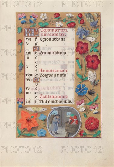 Hours of Queen Isabella the Catholic, Queen of Spain: Fol. 10r, September, c. 1500. Creator: Master of the First Prayerbook of Maximillian (Flemish, c. 1444-1519); Associates, and.