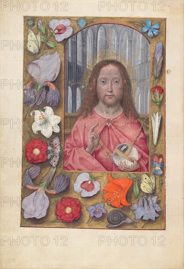 Hours of Queen Isabella the Catholic, Queen of Spain: Fol. 14v, Salvator Mundi, c. 1500. Creator: Master of the First Prayerbook of Maximillian (Flemish, c. 1444-1519); Associates, and.