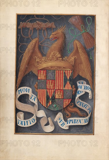 Hours of Queen Isabella the Catholic, Queen of Spain: Fol. 1v, Arms and Mottoes of Isabel..., c1500. Creator: Master of the First Prayerbook of Maximillian (Flemish, c. 1444-1519); Associates, and.