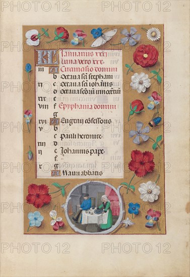 Hours of Queen Isabella the Catholic, Queen of Spain: Fol. 2r, January - Feast, c. 1500. Creator: Master of the First Prayerbook of Maximillian (Flemish, c. 1444-1519); Associates, and.