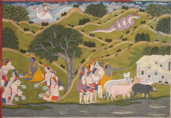 Krishna Returns with the Cowherds to Braj, from a Bhagavata Purana, c. 1830. Creator: Unknown.