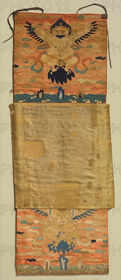 Vajrapani Embroidered Mount with Garuda, painting 1600s, embroidery c. 1300. Creator: Chöying Dorjé, the Tenth Black Hat Karmapa (Tibetan, 1604-1674).