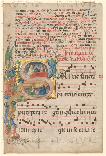 Leaf from a Gradual: Historiated Initial S[alve Sancta Parens]..., c. 1420-1450. Creator: Unknown.