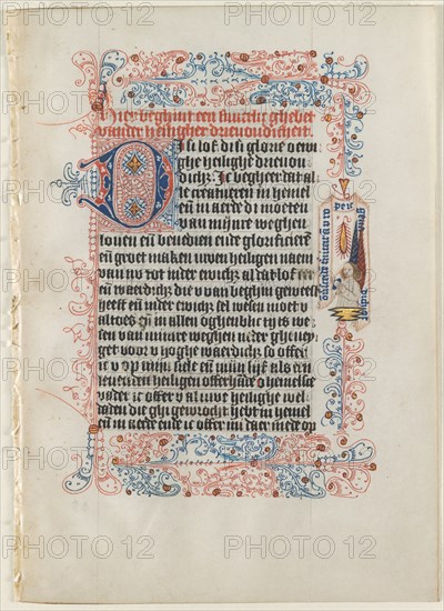 Leaf Excised from a Book of Hours: Angel with a Banderole within a Flourished Border..., c. 1475. Creator: Workshop of the Convent of St. Agnes (Netherlandish), possibly by.