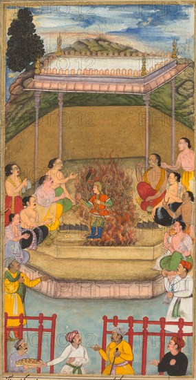 Yaja and Upayaja perform a sacrifice for the emergence of Dhrishtadyumna from the fire..., 1598. Creator: Bilal Habshi (probably Ethiopian, active late 1500s), attributed to.