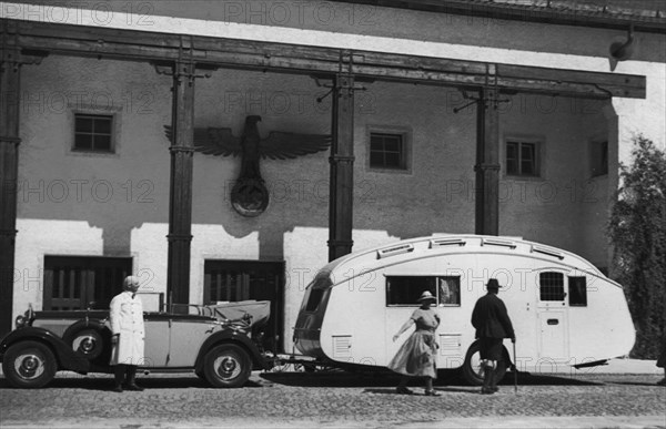 1937 Mercedes Benz 260D Cabriolet towing caravan. Creator: Unknown.