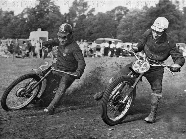 Grass track racing at Bishops Waltham, Coffin and Bungay on Jap motorcycles. Creator: Unknown.