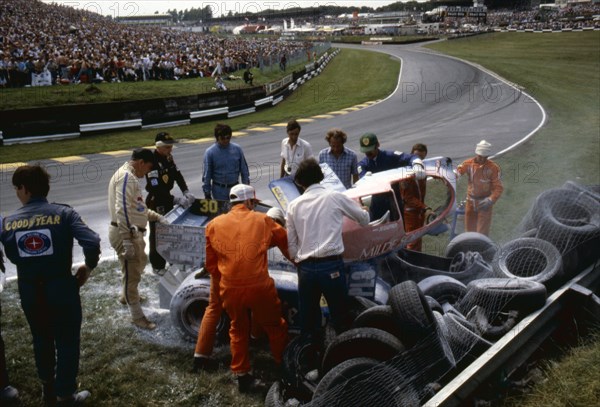Osella - Alfa Romeo, Jo Gartner, crashed on first lap 1984 British Grand Prix. Creator: Unknown.