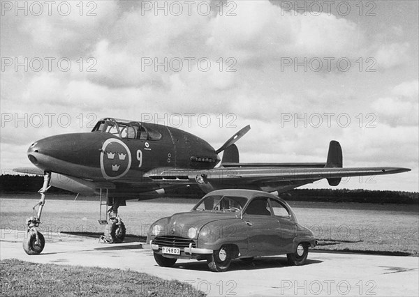 1949 Saab 92 with Saab 21 Jet Fighter plane. Creator: Unknown.