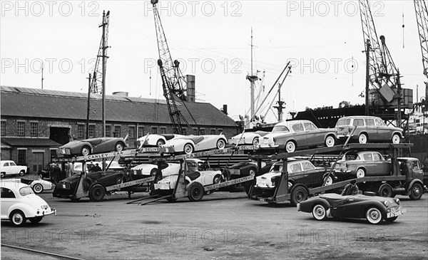 Cars for export at Cardiff docks 1958. Creator: Unknown.