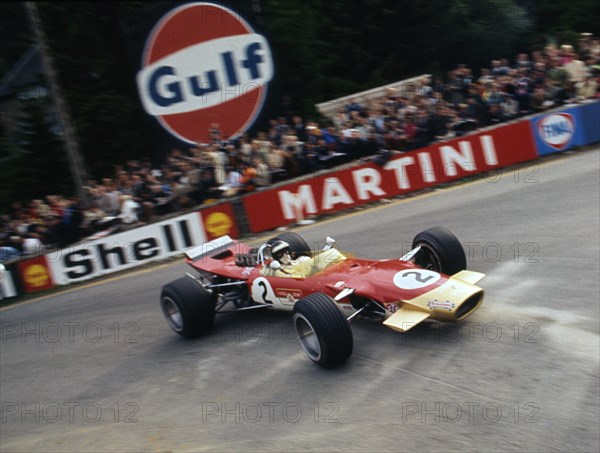 Lotus 49, Gold Leaf, driven by Jackie Oliver at the 1968 Belgian Grand Prix. Creator: Unknown.
