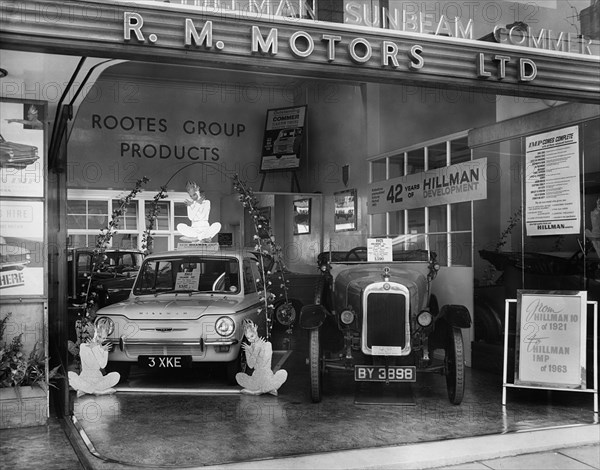1921 Hillman 10.5 hp with Hillman Imp on motor show stand. Creator: Unknown.