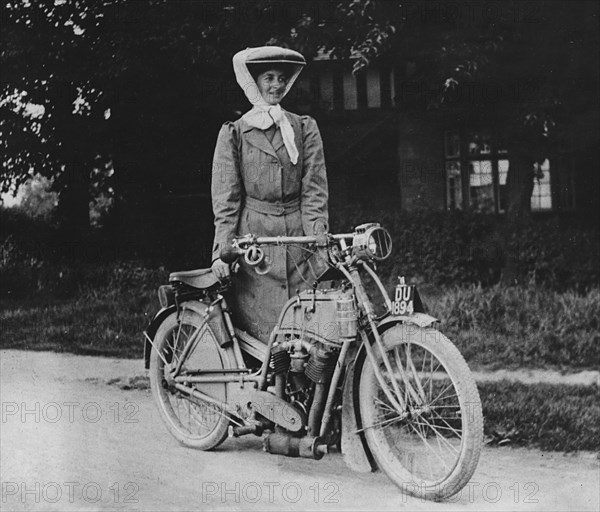 1909 Rex with motorcyclist Muriel Hind. Creator: Unknown.