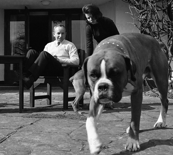 John Surtees relaxes at home with his wife and pet dogs in 1966. Creator: Unknown.