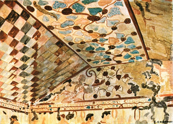 Mural painting in the Tomb with the Banquet (Tomba del Triclinio), Tarquinia, Italy, (1928).  Creator: Unknown.