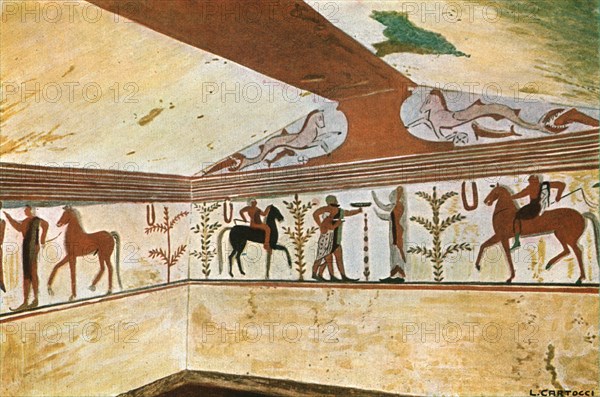 Mural painting in the Tomb of the Baron (Tomba del Barone) at Tarquinia, Italy, (1928). Creator: Unknown.