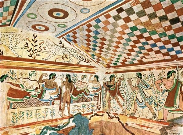 Mural painting in the Leopard's Tomb (Tomba dei Leopardi) at Tarquinia, Italy, (1928).  Creator: Unknown.