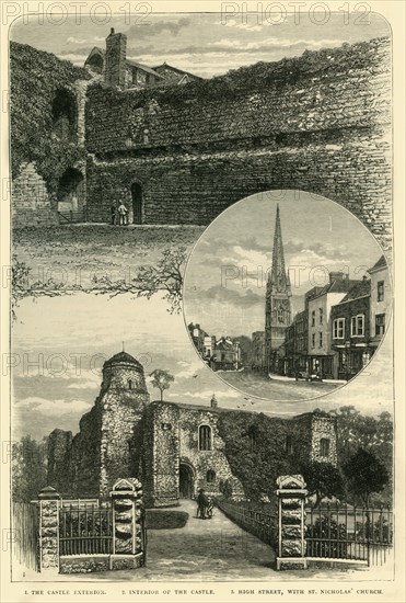 '1. The Castle Exterior. 2. Interior of the Castle. 3. High Street, with St. Nicholas' Church', 1898 Creator: Unknown.