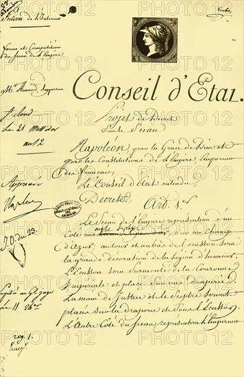 Draft decree on the form and composition of the imperial seal, 10 July 1804, (1921). Creator: Unknown.