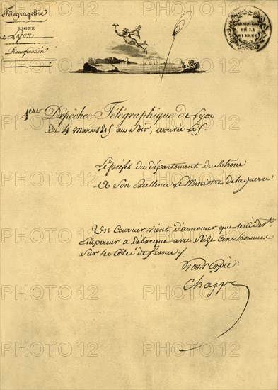 First telegraph despatch from Lyon, 4 March 1815, (1921). Creator: Unknown.