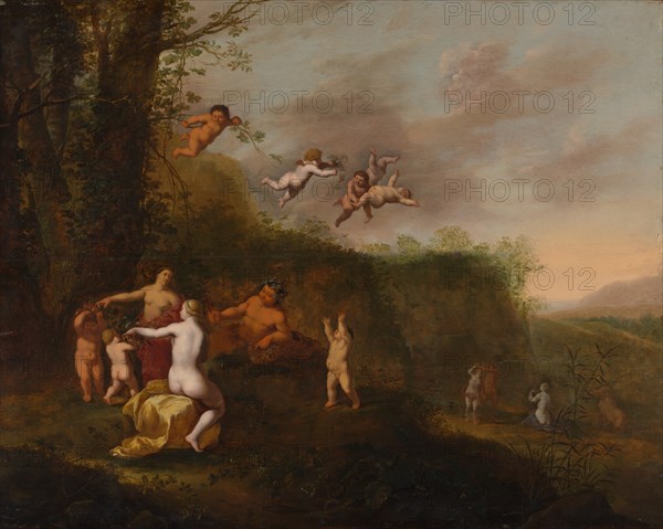 Bacchus and Nymphs in a Landscape, probably 1640s. Creator: Abraham van Cuylenborch.