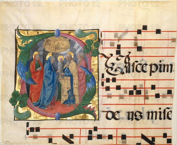 manuscrit Illumination with the Presentation in the Temple in an Initial S, 1450-60. Creator: Cosmè Tura.