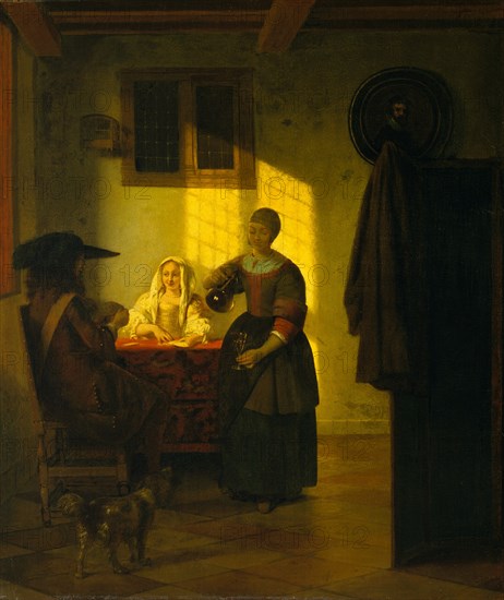A Couple Playing Cards, with a Serving Woman, ca. 1665-75. Creator: Pieter de Hooch.
