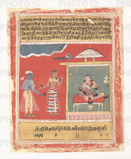 Radha's Friend Pleads with Her to Receive Krishna: Page from a Dispersed Rasikapriya, 1634. Creator: Unknown.