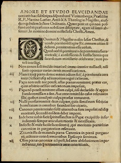 The Ninety-five Theses or Disputation on the Power of Indulgences by Martin Luther, 1517. Creator: Historic Object.