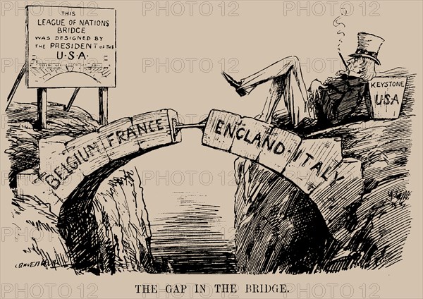 The Gap in the Bridge. Cartoon on the absence of the USA in the League of Nations, Dec 1919. Creator: Raven-Hill, Leonard (1867-1942).