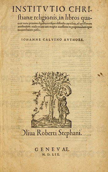 Title page of the fourth edition of the Institutio Christianae Religionis by John Calvin, 1559. Creator: Historic Object.