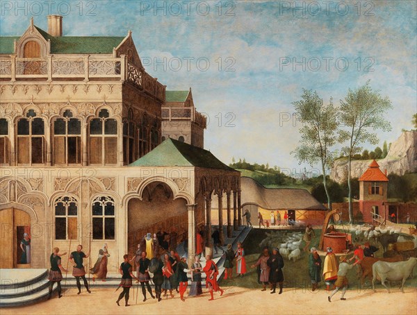 An elegant loggia with the Proposal of Isaac to Rebecca, 1616. Creator: Grimmer, Abel (1570-1619).