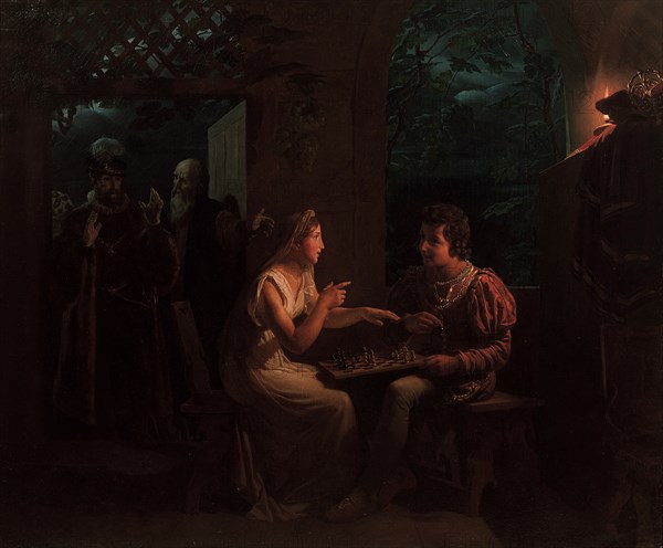 Ferdinand and Miranda playing a game of chess, 1822. Creator: Saint-Evre, Gillot (1791-1858).