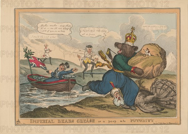 Imperial Bears Grease (Greece) or a peep into futurity. Caricature on the Russo-Turkish War, 1828. Creator: Heath, William (1795-1840).