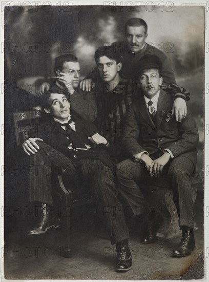 Aleksei Kruchenykh, David Burliuk, Vladimir Mayakovsky, Nikolai Burliuk and Benedikt Livshits, 1913. Creator: Anonymous.