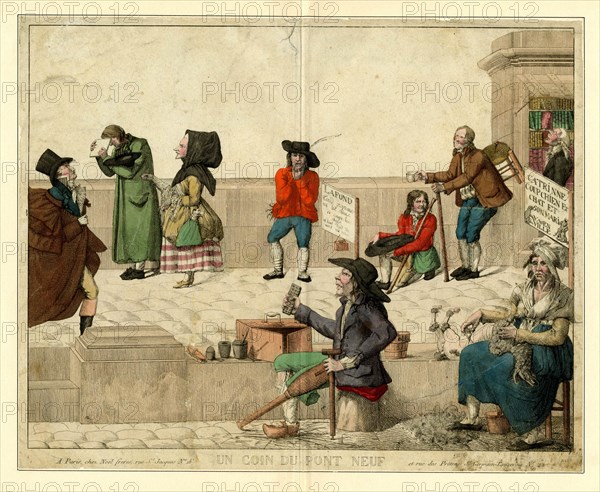 A corner of Pont Neuf, Paris, with lame beggars and street vendors, ca 1813. Creator: Anonymous.