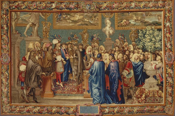 An audience granted by Louis XIV to the Count of Fuentes? at the Louvre, 24th March 1662, ca 1730. Creator: Ballin, Claude I, (after) (1615-1678).