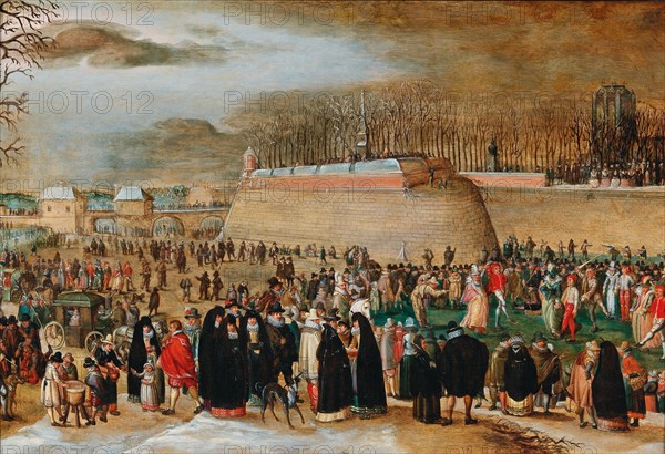 Winter landscape with a carnival scene near the Kipdorppoort Bastion in Antwerp. Creator: Vrancx, Sebastiaen (1574-1647).