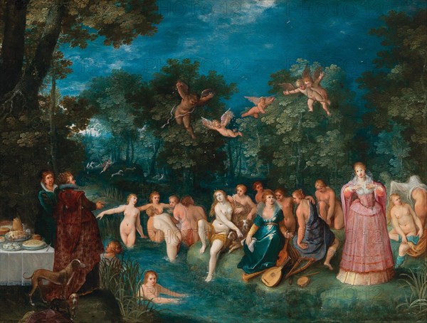 Diana and her nymphs bathing, with a stag hunt in the background, ca 1606. Creator: Francken, Frans, the Younger (1581-1642).