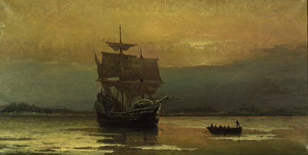 The Mayflower on Her Arrival at Plymouth Harbor, 1882. Creator: Halsall, William Formby (1841-1919).