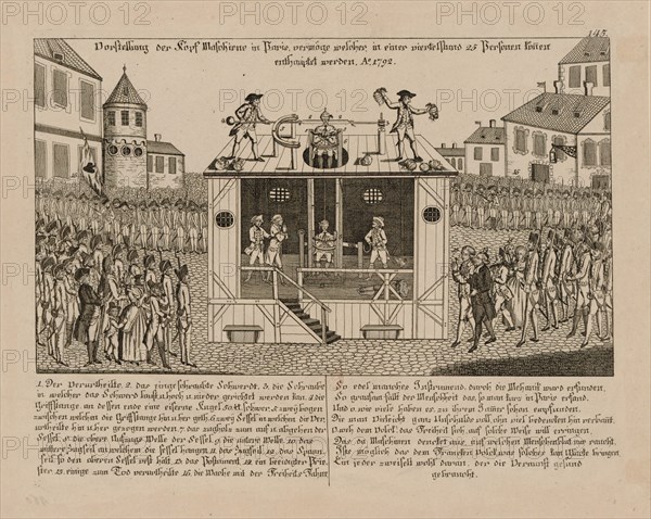 Vorstellung der Kopf-Maschine zu Paris, 1792. Creator: Anonymous.